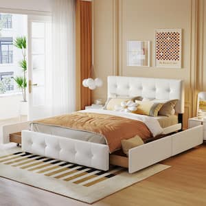 White Wood Frame Queen Size Linen Upholstered Platform Bed with 4 Drawers