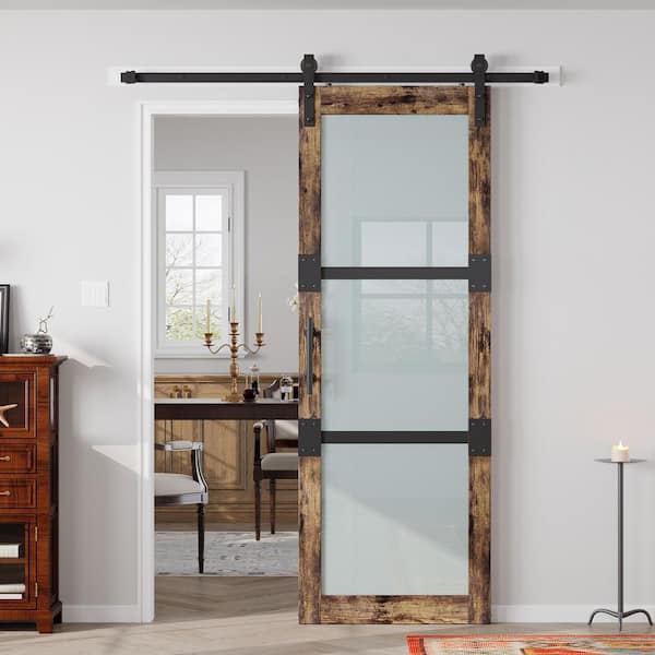 30 in. x 84 in. 3-Panel Frosted Glass Finished MDF Solid Core Wood Brown Sliding Barn Door with Hardware Kit