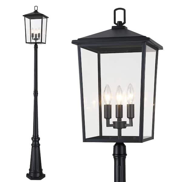 92 in. H 3-Light Outdoor Matte Black Aluminum Weather Resistant Post Light Set with No Bulbs Included
