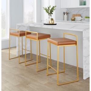 Fuji 27.75 in. Camel Faux Leather and Gold Metal Stackable Counter Stool (Set of 3)