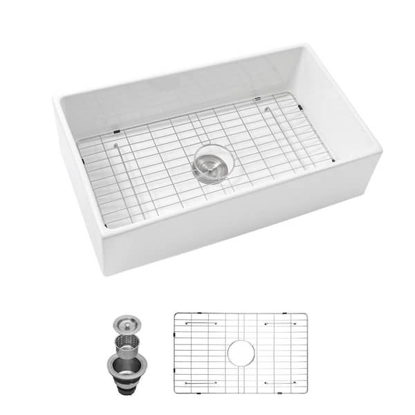 30 in. Single Bowl Farmhouse Apron White Ceramic Kitchen Sink with Basket Strainer