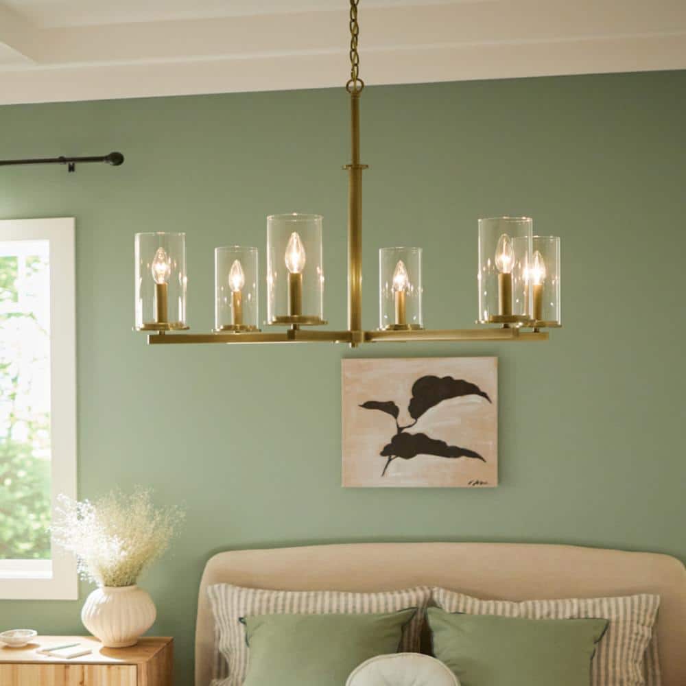 Natural Brass 6-Light Chandelier with Clear Glass Shades