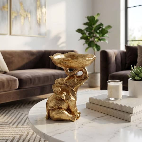 Gold 4.25 in. x 6 in. Resin Round Bowl On Elephant Trunk Decorative Bowl