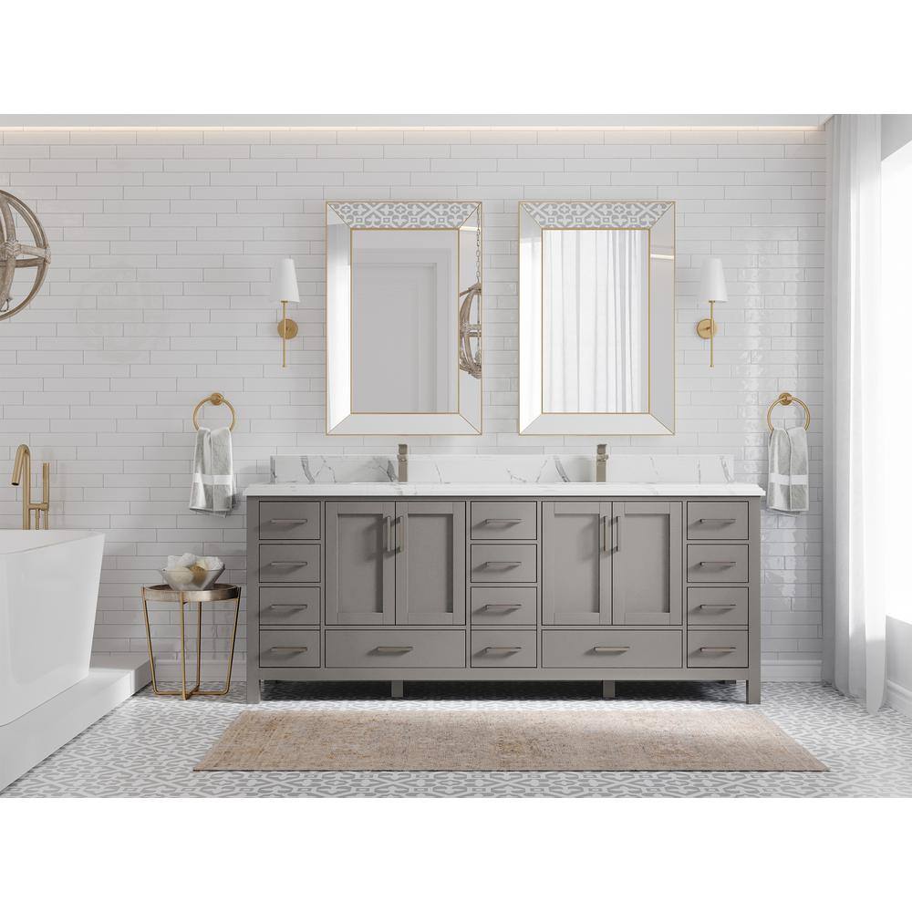 Elephant Skin Gray Double Sink Freestanding Solid Wood Vanity with Quartz Top