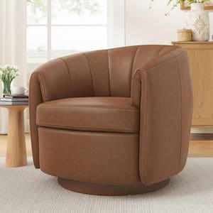 Modern Brown Genuine Leather Swivel Accent Chair 360° Swivel Barrel Chair With Solid Wood Base (Set of 1)