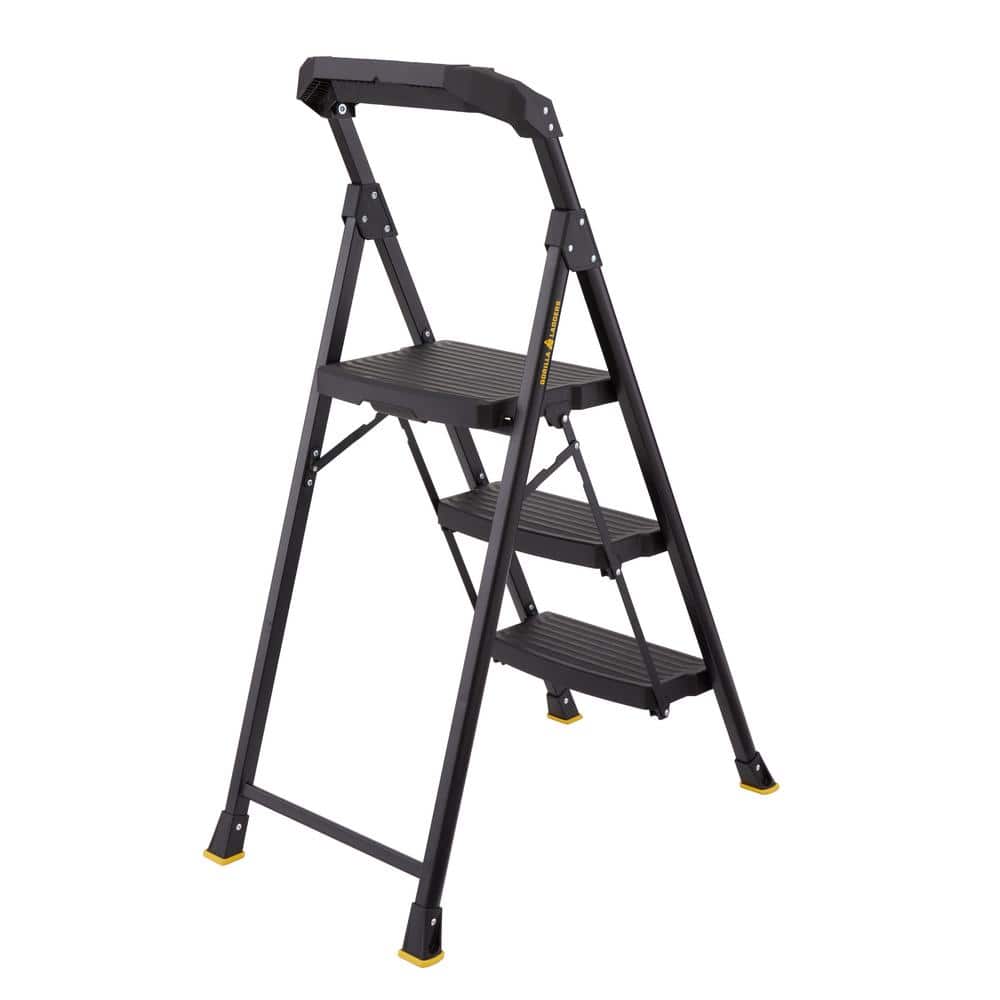 3-Step Black Steel Step Stool with Non-Slip Treads