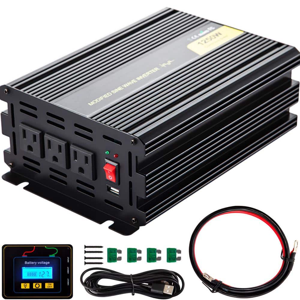 VEVOR 1250- Watt Car Power Converter Modified Sine Wave Inverter with LCD  Remote Controller LED Indicator AC Outlets Invert ZX1250-12-120E0OCV9 - The Home  Depot