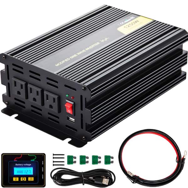 VEVOR 1250- Watt Car Power Converter Modified Sine Wave Inverter with LCD Remote Controller LED Indicator AC Outlets Invert