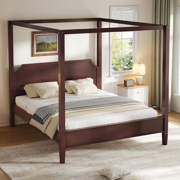 Walnut/Brown Wood Frame Queen Size Platform Bed with Headboard and Support Legs