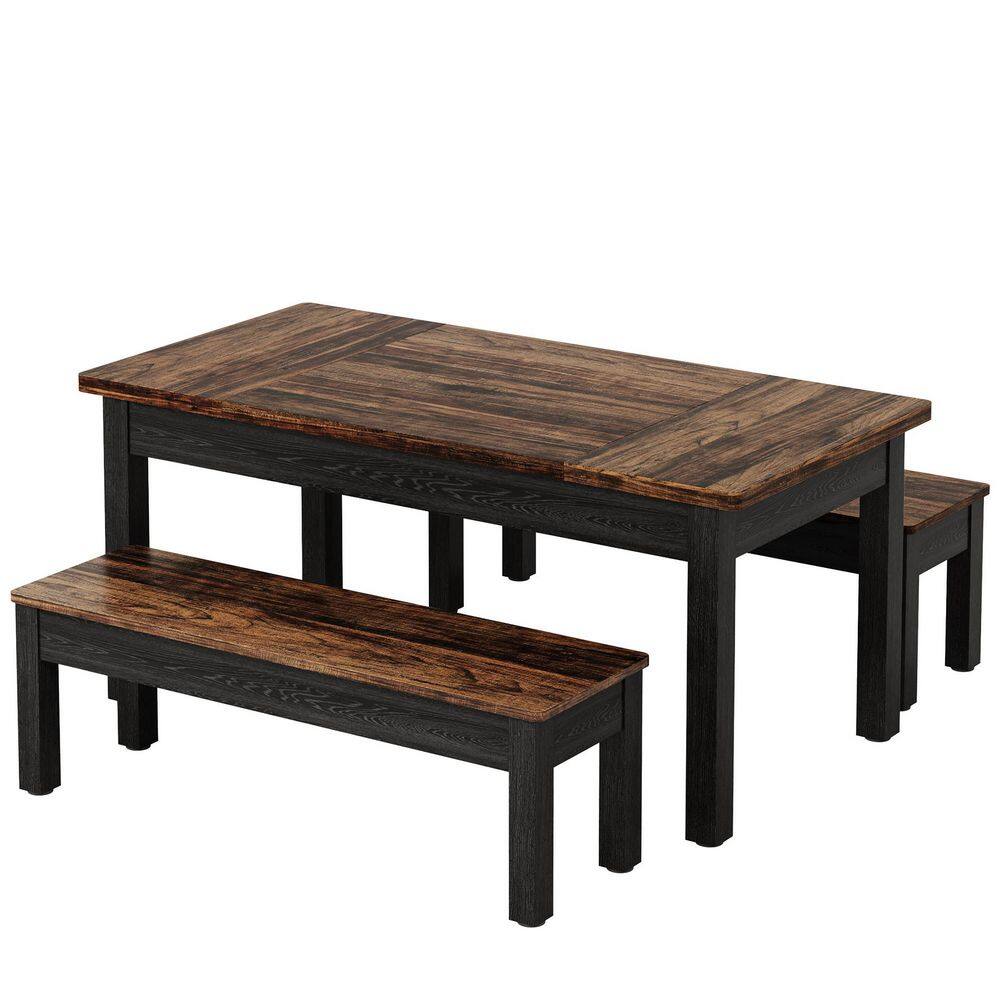 3-Piece Rectangle Black and Brown Wooden Top Dining Room Set Seats 4, Dining Table Set with 2 Benches for Kitchen
