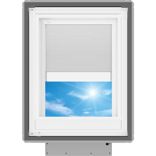 21 in. x 26-7/8 in. Solar Powered Venting Deck Mount Skylight with Laminated Low-E3 Glass, White Room Darkening Shade