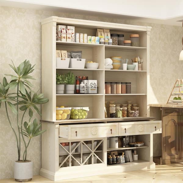 FUFU&GAGA Brown Wood Rustic Style 61 in. W Buffet and Hutch Kitchen Cabinet with Drawer, Adjustable Shelves, Sliding Glass Doors