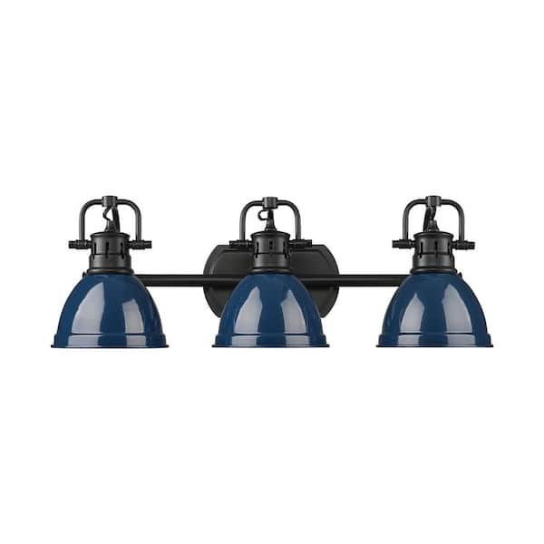 Golden Lighting Duncan 8.25 in. 3 Light Matte Black Vanity Light with Navy Blue Shade