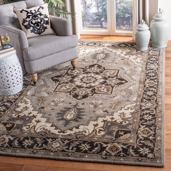Royalty Silver/Charcoal 7 ft. x 7 ft. Floral Border Square Area Rug
