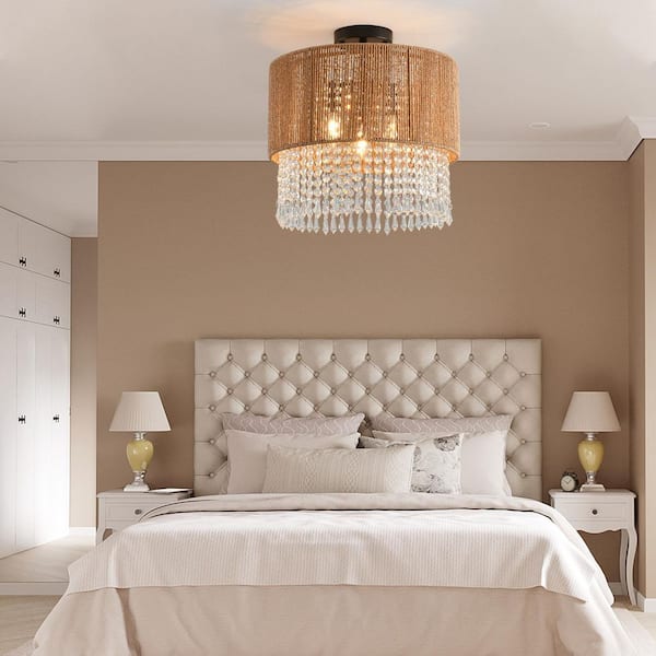 Bohemian 14.97 in. 3-Light Black 2-Tier Drum Semi-Flush Mount Ceiling Light with Yellow Rattan and Clear Crystal Shade