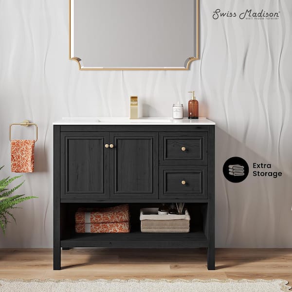 Château 36 in. Freestanding Bathroom Vanity in Black Oak with Ceramic Sink Top