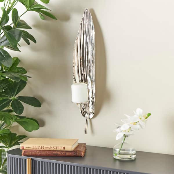 Litton Lane 24 in. Silver Stainless Steel Metal Leaf Slim Wall Sconce