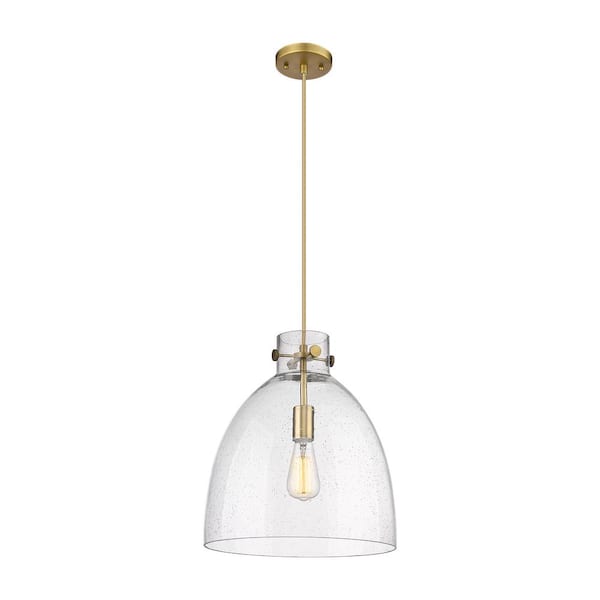 Innovations Newton Bell 100-Watt 1-Light Brushed Brass Shaded Mini Pendant Light with Seeded Glass Shade