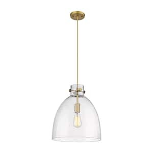 Newton Bell 100-Watt 1 Light Brushed Brass Shaded Pendant Light with Seeded glass Seeded Glass Shade