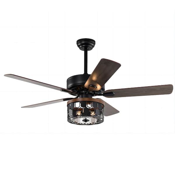LINJO 52 in. Indoor Matte Black Standard 3-Speeds Ceiling Fan with Fixture, Plywood Blades and Remote for Living Room, Bedroom