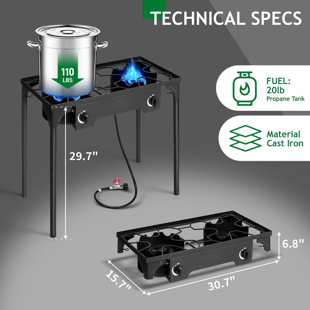 Black Cast Iron 2-Burner Outdoor Propane Gas Stove with Stand