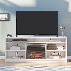 Hendrix 65 in. TV Stand with Electric Fireplace Insert and 6 Shelves, Ivory Oak