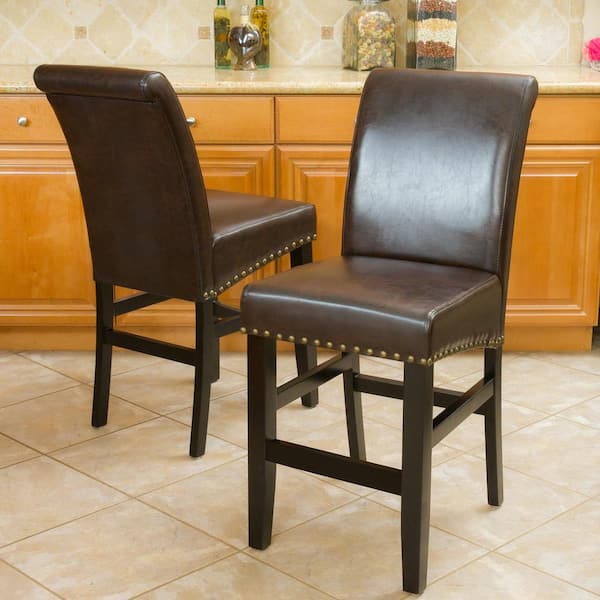 Lisette 25 in. Brown Leather Studded Counter Stool (Set of 2)