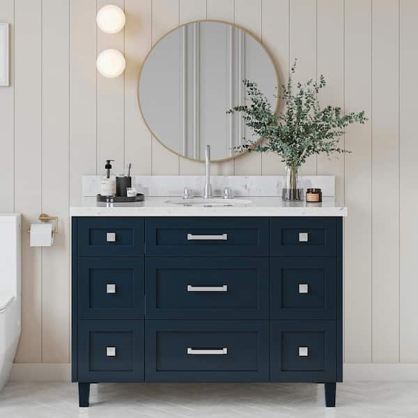 ARIEL Monroe 48 in. W x 22 in. D x 36 in. H Single Oval Sink Bath Vanity in Midnight Blue with Carrara White Quartz Top