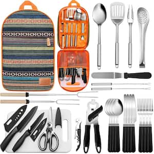 27-Piece Stainless Steel Portable Camping Kitchen Utensil Set with Orange Storage Bag for Travel, Picnics, RVs, Camping