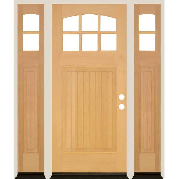 Krosswood Doors 64 in. x 80 in. V-Groove Arched 6-Lite Clear Glass Unfinished Left Hand Hemlock Prehung Front Door with DSL