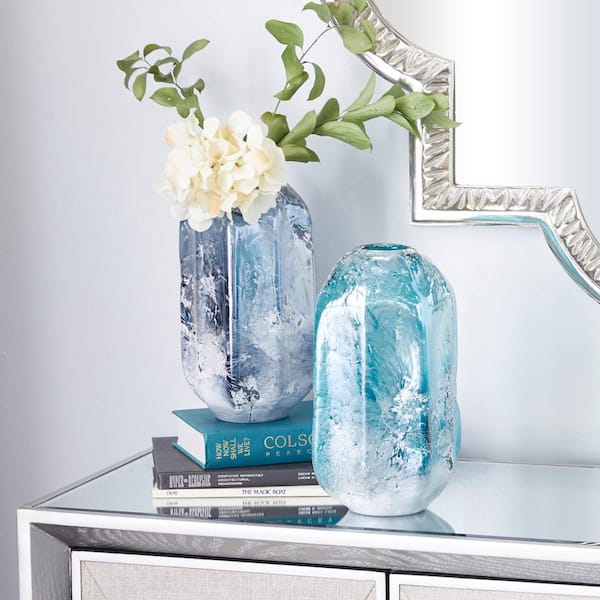 Novogratz 12 in., 11 in. Blue Handmade Blown Glass Decorative Vase (Set of 2)