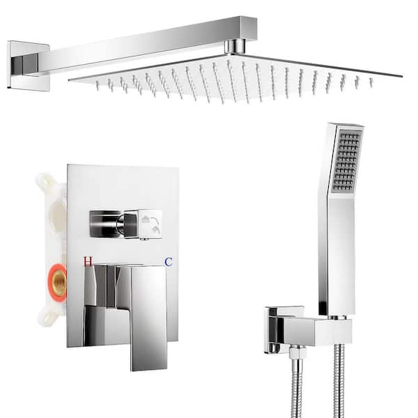 Square Single Handle 2-Spray Shower Faucet Bathroom Shower Combo Set 2.5 GPM with Adjustable Heads in Polished Chrome