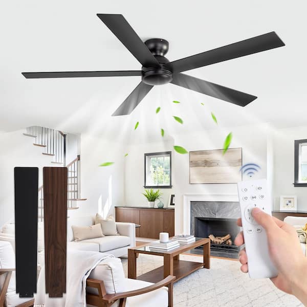60 in. Indoor/Outdoor Black Quiet 6-Speed Standard Flush Mount Ceiling Fan no Lights with Remote Control for Living Room