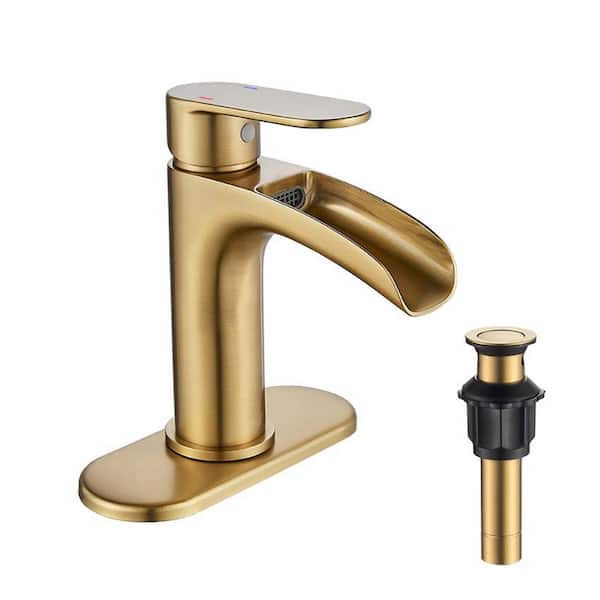 androme Waterfall Single Hole Single Handle Bathroom Faucet with Deckplate, Pop Up Drain Assembly and Supply Lines in Gold