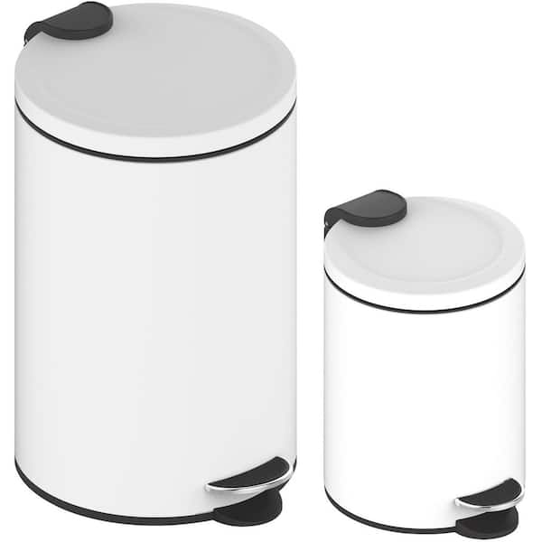 3.2 Gal. and 0.8 Gal. Metal Household Trash Can Combo, White Step-On Stainless Steel Trash Can for Bathroom and Office