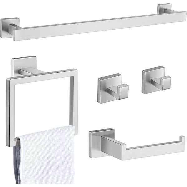 5-Piece Bath Hardware Set Bathroom Accessories Set with Toilet Paper Holder, Hooks, Towel Rack in Brushed Nickel