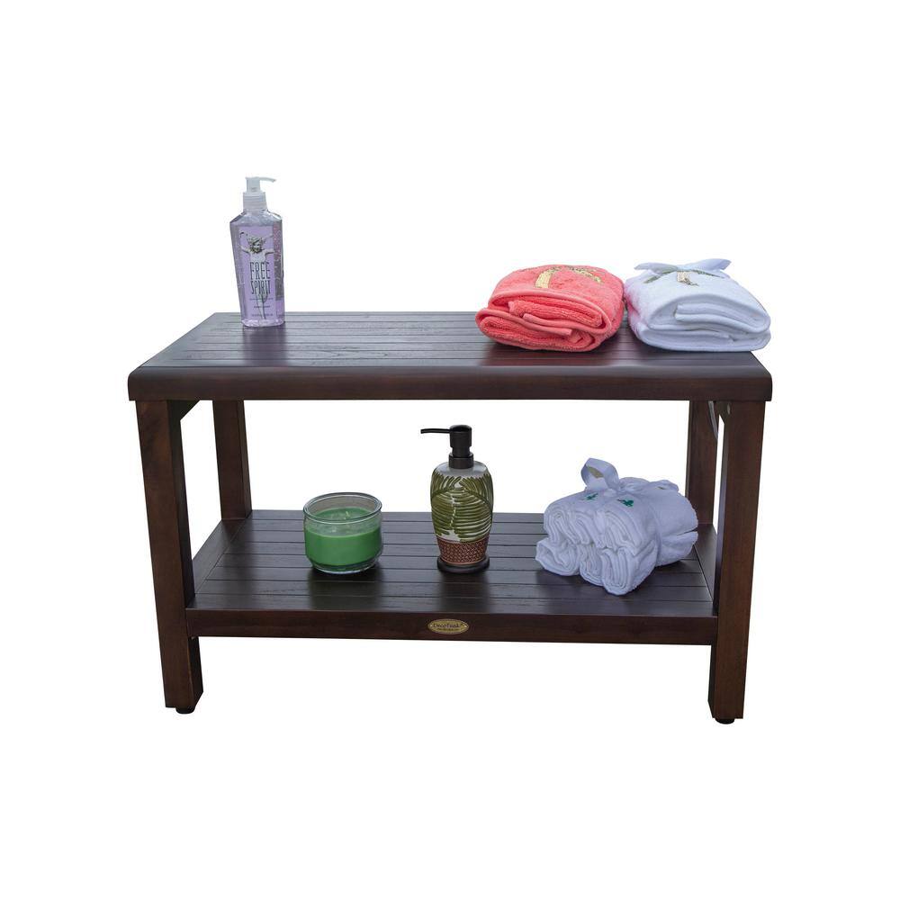 30" Woodland Brown Teak Wood Shower Bench with Shelf