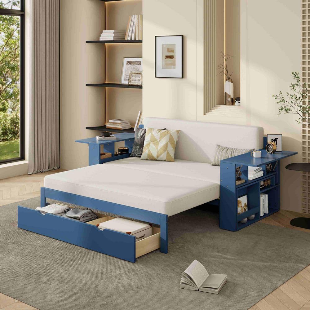 Polibi Blue Full Size Daybed with Removable Desk, Storage Drawers and ...