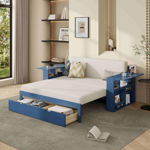 Blue Full Size Daybed with Removable Desk, Storage Drawers and Hydraulic Side Table