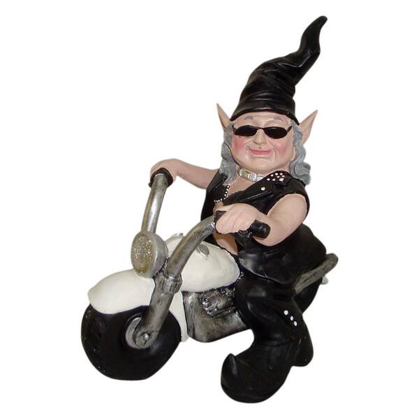 HOMESTYLES 12 in. H Biker Babe the Biker Gnome in Leather Motorcycle Gear Riding Her White Bike Home and Garden Gnome Statue