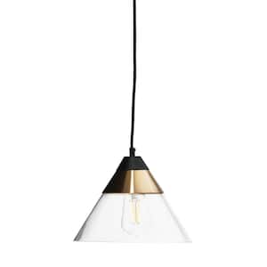 Theo 1-Light Matte Black and Brushed Brass Metal and Conical Glass Pendant Light