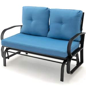 2-Person Metal Outdoor Patio Glider Bench Swing Seat Bench with Seat and Back Blue Cushions