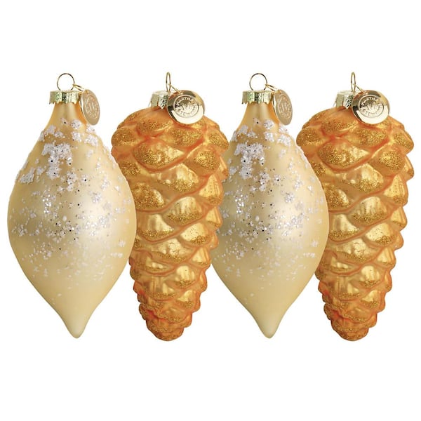 MARTHA STEWART Holiday Pointy Ball and Pinecone 4 Piece Ornament Set in Gold