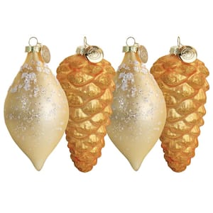 Holiday Pointy Ball and Pinecone 4 Piece Ornament Set in Gold