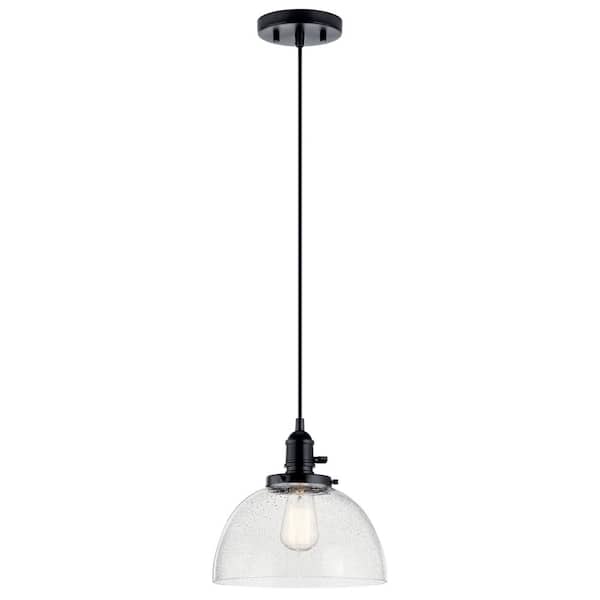 Avery 10.25 in. 1-Light Black Farmhouse Shaded Kitchen Goblet Mini Pendant Light with Clear Seeded Glass