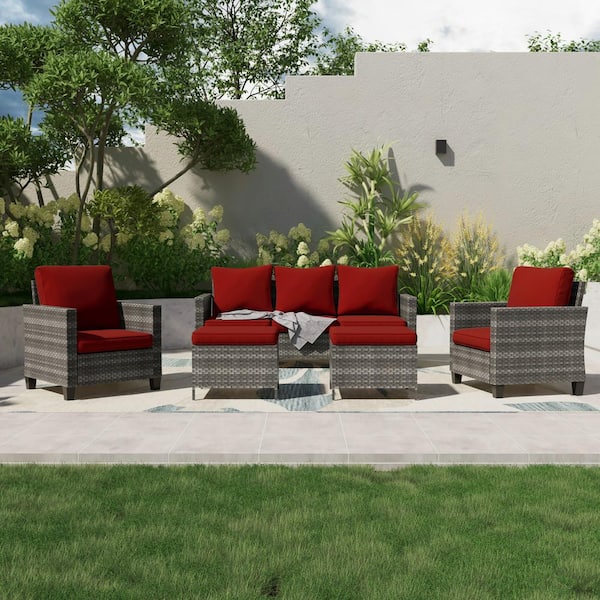 JOYESERY 5-Piece Outdoor Patio Conversation Set Widened Back and Arm Grey Rattan 3-Seat Sofa 2-Ottomans, Rust Red