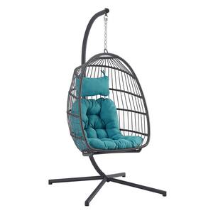 1-Person Gray Rattan Patio Swing Egg Chair with Gray Stand and Teal Cushions
