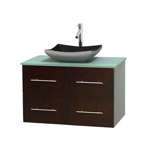 Wyndham Collection Centra 36 in. Vanity in Espresso with Glass Vanity Top in Green and Black Granite Sink