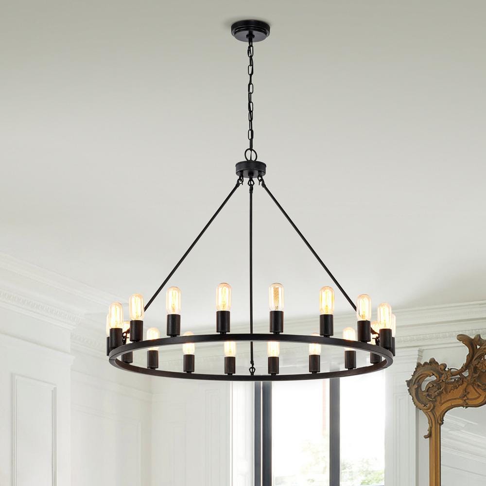 Antique Black Iron Wagon Wheel Chandelier with 18 Lights