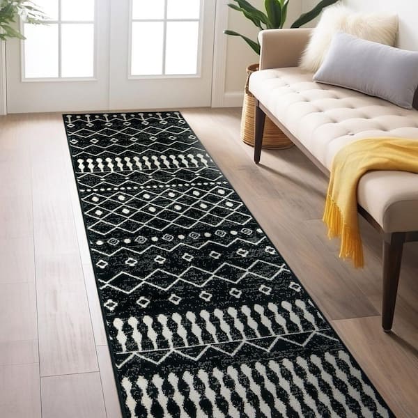 Bohemian Trellis Area Rug Black 2 ft. 3 in. x 12 ft. Runner Rug